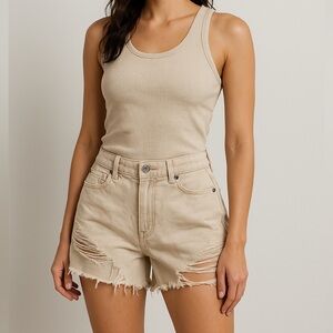 American Eagle Highest Rise Mom Tan Khaki Shorts | Distressed Raw Hem | Size 2